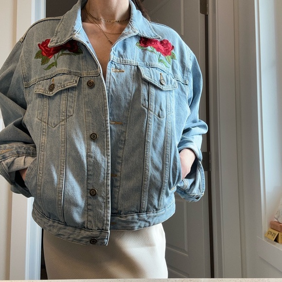 Aritzia Light Blue Denim Jacket with Red Floral Embroidery - Picture 4 of 7